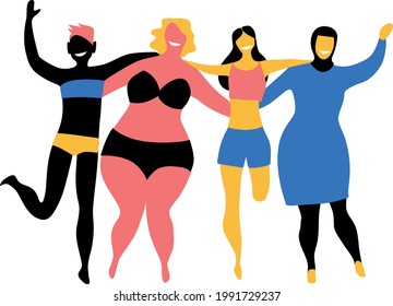 Four female friends in swimming suits representing inclusion and diversity, EPS 8 vector illustration