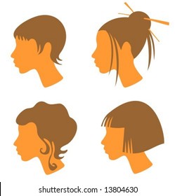 Four female heads with red hair and different hairdresses - short, long, classical and japanese.