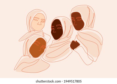 Four Female Hijab Friends Hugging Together Line Art Illustration. Multi-Color Skin Tones Among Muslim Sisters Embrace with Love Concept. Teamwork, Empowering Women, Friendship, Self-Love Concept.