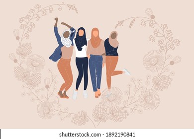 Four Female Hijab Sister Hugging Together. Arabian Muslim women's on the beige flowers background. Happy Sister or Sibling Day, World hijab day, Emirati Women's day.