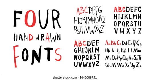 Four female Lettering alphabets. Hand made ink fonts. Hand drawn Letters written with a brush. Trendy hipster vector illustration