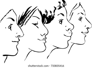 Four female profiles of diverse race, EPS 8 vector  based on hand-drawn ink illustration