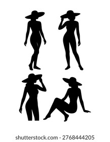 Four female silhouettes modeling summer fashion with wide brim hats
