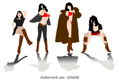 Vier weibliche Silhouetten. Eine Vektorgrafik.