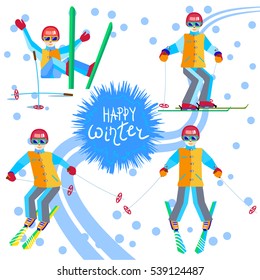 Four female skier - skiing or sitting on a mountain slope. One character young woman in different poses having fun in the snow. Flat vector cheerful girl