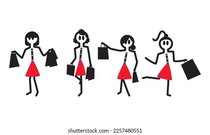 four female stick figures posing with shopping bags in their hands