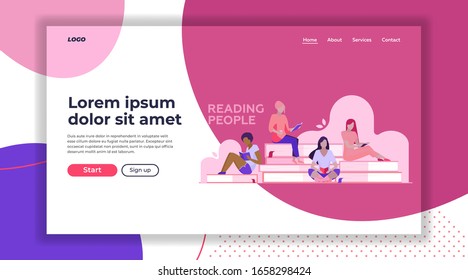 Four female students reading books. Girls sitting on giant books flat vector illustration. Library visitors, bookstore, education concept for banner, website design or landing web page
