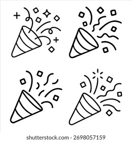 Four festive confetti poppers exploding with joyful streamers and sparkles vector.
