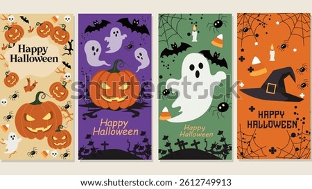four festive illustrations commemorating Halloween. The designs feature iconic Halloween elements such as grinning jack-o'-lanterns (carved pumpkins), friendly ghosts, bats, spiders and spiderwebs, 