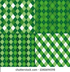 Four Festive Irish Tartan Diamond Seamless patterns for St Patrick's Day party wrapping paper, textile print, wallpaper abstract background. Flat style vector illustration. Green and white colours