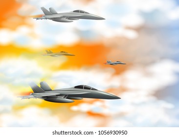 Four fighting jet in orange sky illustration
