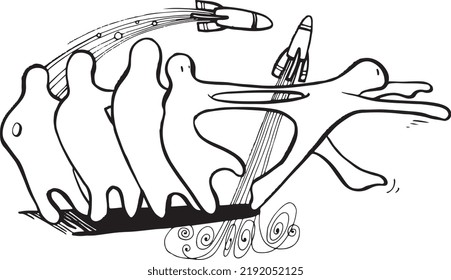 Four Figures Hold Back Another Figure Straining to Move as Rockets Launch Behind Them