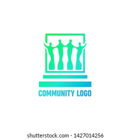 Four figures holding hands inside the square logo type. Group and community vector logo. Vector illustration for your graphic design.