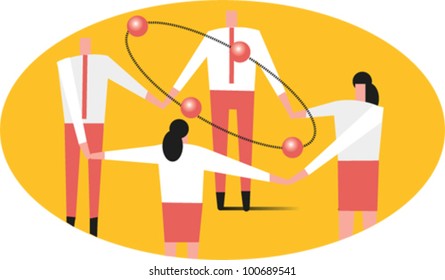 Four figures stand in a circle holding hands while an icon of an atom spins in the center of them