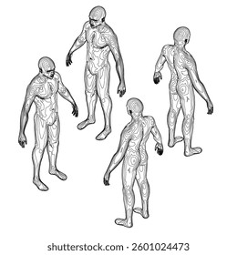 Four figures are standing in a line, each with their arms outstretched. The figures are all black and appear to be in a state of motion. Scene is one of movement and energy. Isometric view