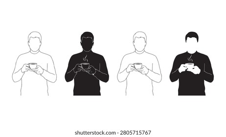 Four figures, two outlined and two solid black, holding steaming coffee or tea cups in a minimalist illustration.