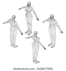 Four figures of woman in different poses. The first figure is standing with her arms crossed, the second figure is bending over, the third figure is standing with her arms outstretched. Isometric view