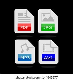 Four file types icons - pdf, jpg, mp3 and avi vector