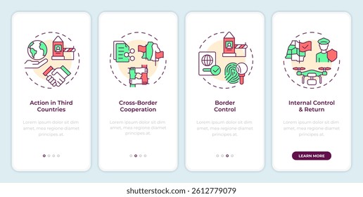 Four filter model onboarding mobile app screen. Border management system work. Walkthrough 4 steps editable graphic instructions with linear concepts. UI, UX, GUI