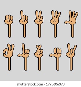 Four finger comical cartoon hand gesture collection set. 