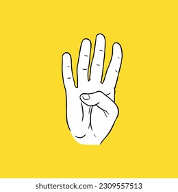 Four Finger Hand Sign. Detailed Drawing. vector