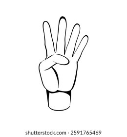 Four finger up or number count concept. hand drawn sketch style Line art vector illustration
