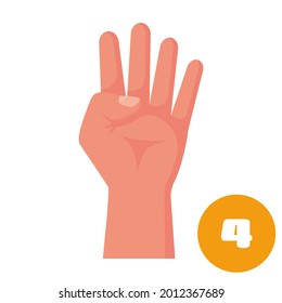 Four fingers. 1 2 3 4 5 flat icon. Hand gestures and numbers with your fingers. Vector illustration. Isolated on white background. Show numbers fingers.