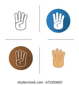 Four fingers hand gesture icon. Flat design, linear and color styles. Isolated vector illustrations
