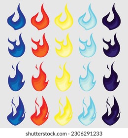 four fire clipart designs with five different colors