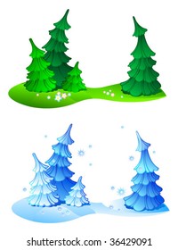 Four firtrees in composition, summer and winter variants, set.