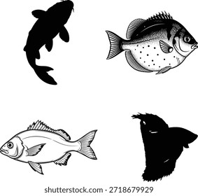 Vier Fisch-Illustrationen mit Delfin-Silhouette