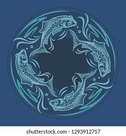 Four fish on a blue background, Koi Fish, Carp in a circular composition, illustration, vector