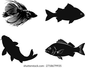 Four fish silhouettes in black and white