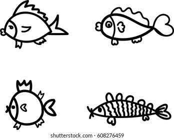 four fish sketch hand drawn with black outlines on white background