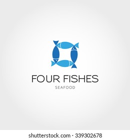 Four Fishes logo design  template. Blue flat fish logotype. Minimalistic sign design for seafood or restaurant. Vector symbol food illustration