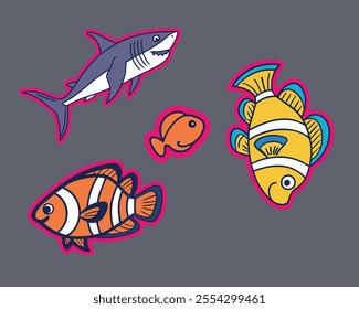 Four Fishes Vector Stickers: Vibrant Aquatic Designs for Decoration

