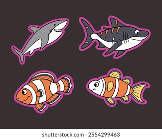 Four Fishes Vector Stickers: Vibrant Aquatic Designs for Decoration

