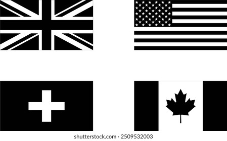 Four flag black and white color vector design and illustration of a United Kingdom , United State America , Canada and Switzerland counties with white background