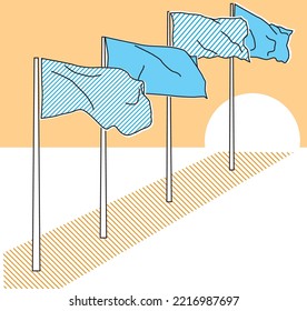 four flagpoles with blue flags for a sunset