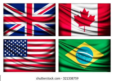 Vier Flaggen - Großbritannien, Kanada, USA, Brasilien. Vektorgrafik.