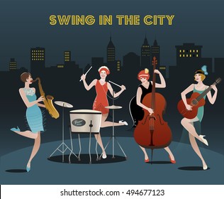 Four Flapper Girls Playing Jazz, Swing O Charleston Music On City Night Background