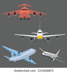 Cuatro ilustración de avión plano, vista de un avión volador. Avión despegando del aeropuerto - Avión de pasajeros vuela sobre montañas y mar increíbles - Viaje en transporte aéreo