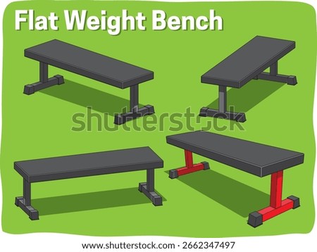 Four flat benches are displayed: one with bold red legs for contrast and three with sleek black legs. 