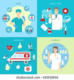 Four flat colored square icon set with medical workers rendering nurse ambulance services and pharmacy vector illustration