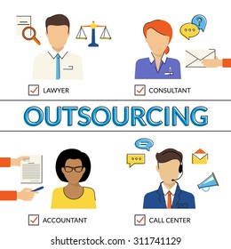 Four flat contour illustrations of types of outsoursing for business start-up. Lawer, consultant, accountant, call center operator