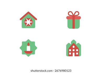 Cuatro iconos de Navidades de diseño plano en regalo de vacaciones rojo verde
