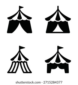 Four flat design circus tents in black and white, scalable vector illustration ideal for logos, icons, and print-ready graphics.