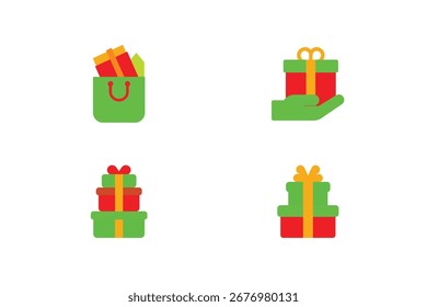 Four flat design gift icons red green yellow ribbons present