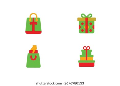 Cuatro iconos de diseño plano Regalos de Navidad bolsas de compras presentes