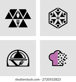 Four flat design icons depicting a chef hat with crossed utensils a star badge a cooking pot and a heart with pixel pattern isolated on transparent background